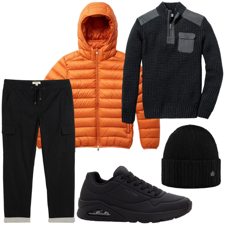 Outfit uomo - Weekend in montagna. Stile Trendy per Tutti i giorni. Abbinamento con maglieria, sneakers, pantaloni, cappelli, bomber.