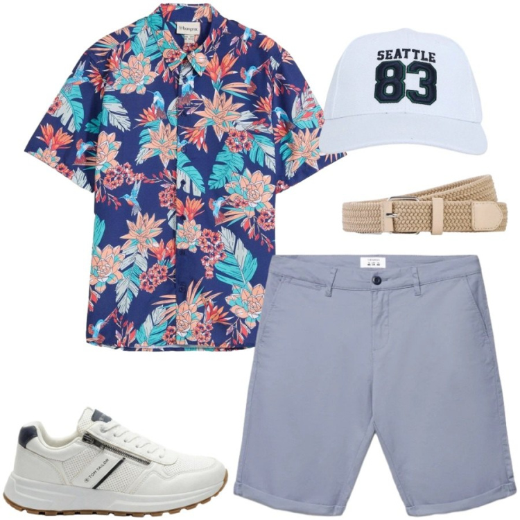 Outfit uomo - Total look #2442163. Stile Casual per Tutti i giorni. Abbinamento con sneakers, cinture, camicie a manica corta, cappelli, shorts.