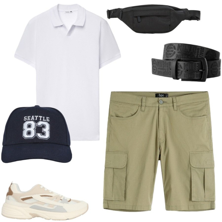 Outfit uomo - Total look #2442164. Stile Casual per Tutti i giorni. Abbinamento con cinture, bermuda, cappelli, sneakers, polo, borse sportive.
