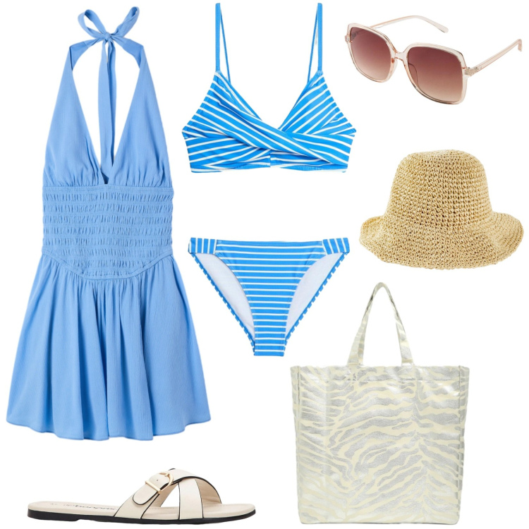 Outfit donna - Vacanze al mare. Stile Basic per Mare. Abbinamento con cappelli, occhiali da sole, ciabatte, bikini, shopping bag, tuta corta.