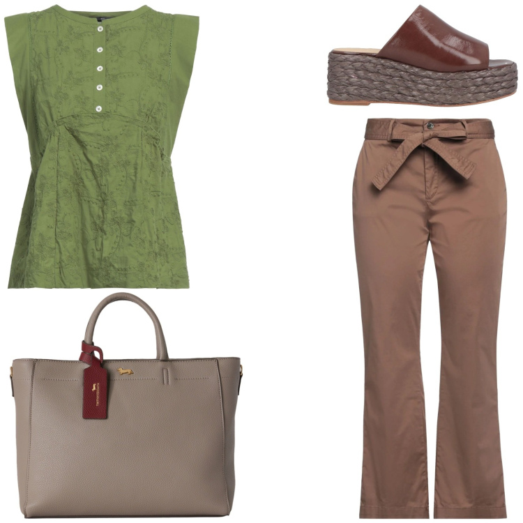 Outfit donna - Verde e marrone mix vincente. Stile Chic per Tutti i giorni. Abbinamento con pantaloni, sandali in pelle, top, borse a mano.