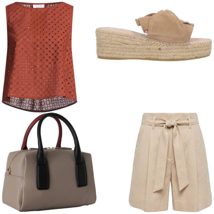 Outfit donna - Brownie estivo. Stile Casual chic per Tutti i giorni. Abbinamento con top, espadrillas, bermuda, borse a mano.