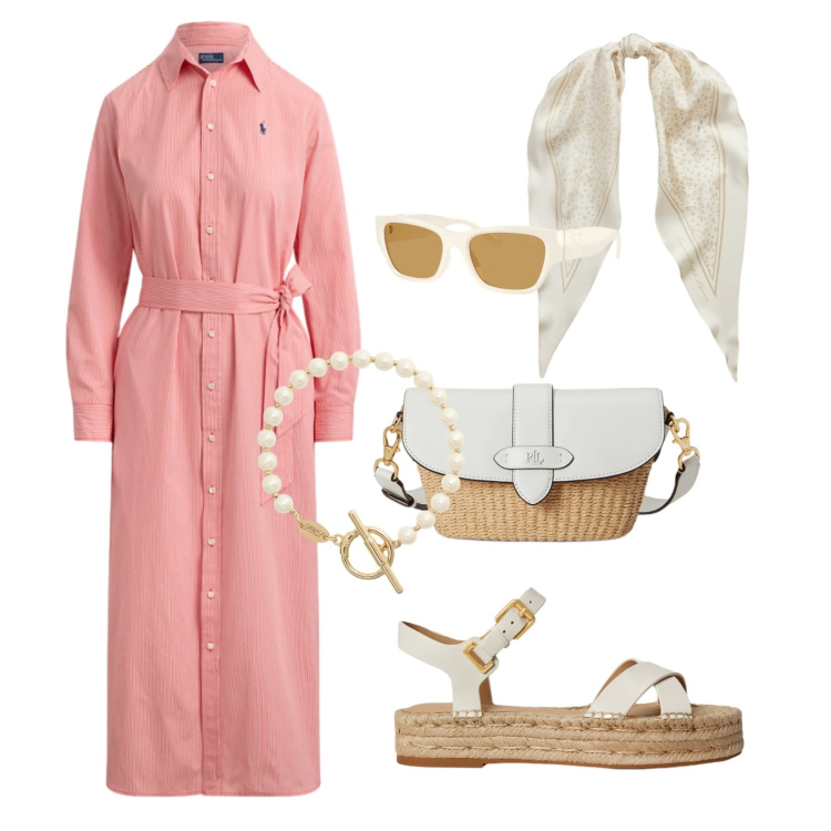 Outfit donna - Riviera chic. Stile Casual chic per Mare. Abbinamento con borse a spalla, espadrillas, occhiali da sole, foulard, braccialetti, vestiti chemisier.