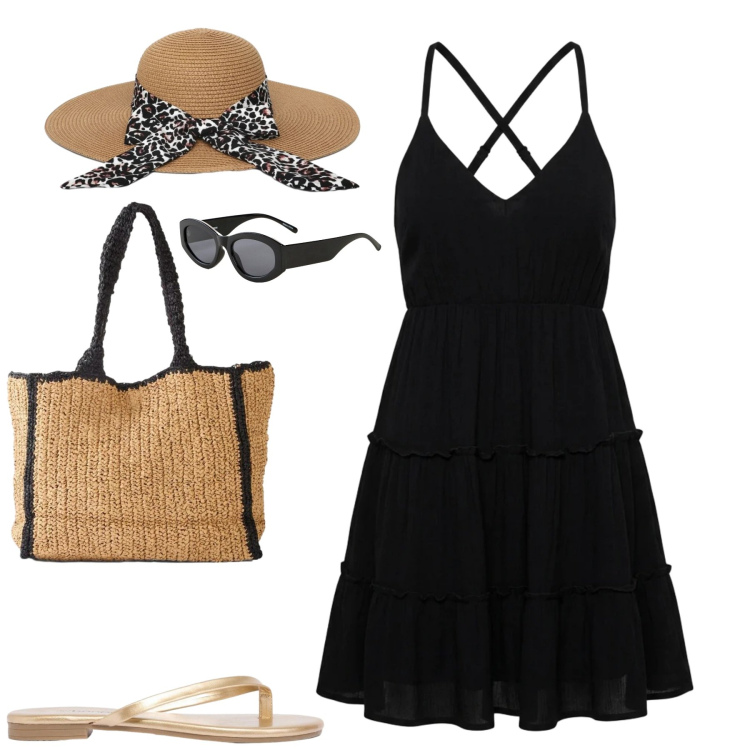 Outfit donna - Al mare. Stile Casual chic per Mare. Abbinamento con sandali, occhiali da sole, shopping bag, vestiti corti, cappelli.
