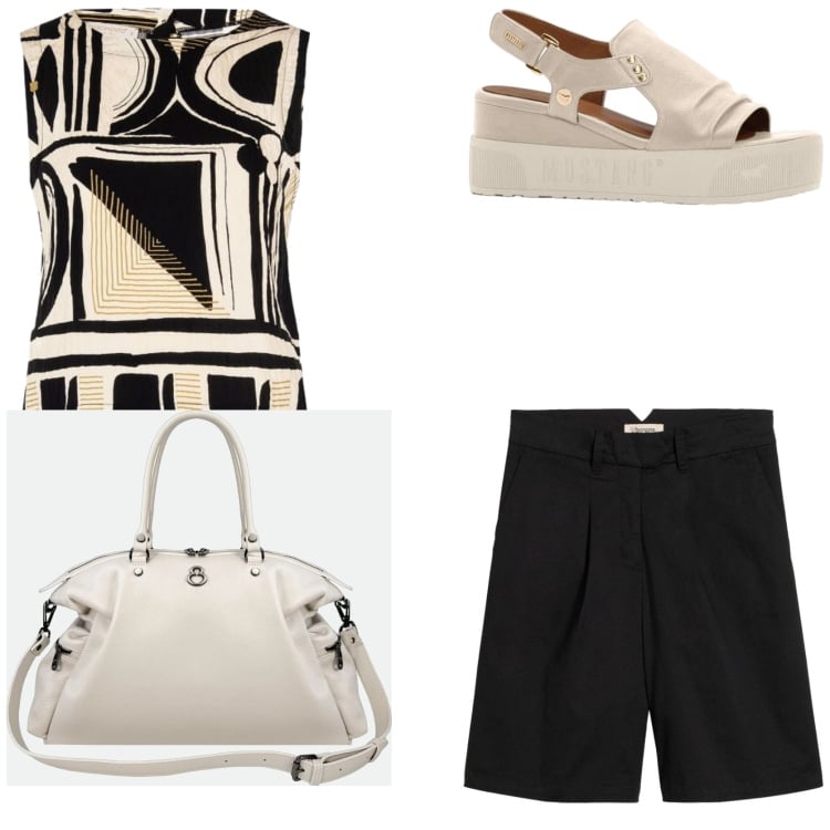 Outfit donna - Summer style ideas. Stile Chic per Tutti i giorni. Abbinamento con bermuda, sandali, shopping bag, top.