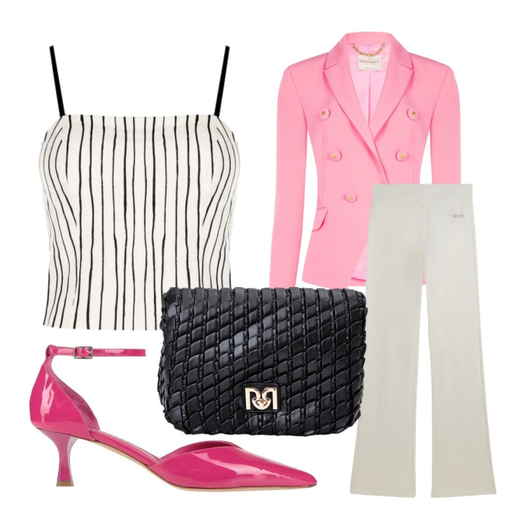 Outfit donna - Cerimonia in bianco e rosa. Stile Bon Ton per Cerimonia. Abbinamento con décolleté, leggings, canottiere, blazer, borse a tracolla.