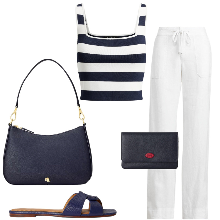 Outfit donna - Riviera chic. Stile Casual chic per Mare. Abbinamento con portafogli, pantaloni, borse a spalla, top, sandali in pelle.