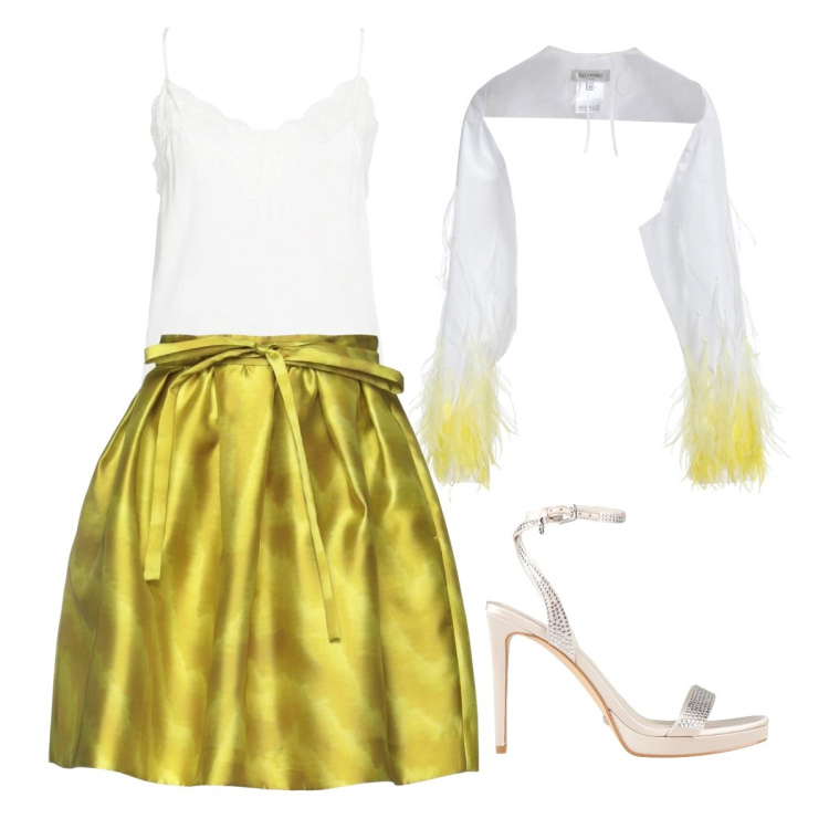 Outfit donna - Solare per la cerimonia. Stile Glamour per Cerimonia. Abbinamento con top, minigonne, blazer, sandali col tacco.