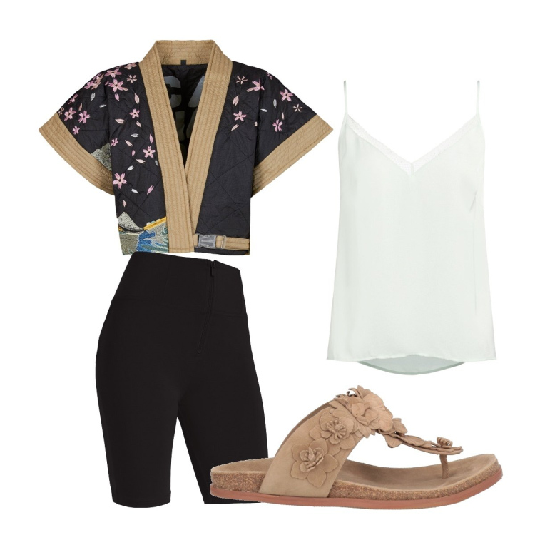Outfit donna - Kimono a manica corta. Stile Glamour per Serata fuori. Abbinamento con infradito, top, shorts, kimono.