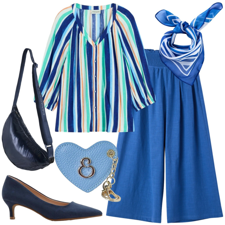 Outfit donna - Colore. Stile Casual per Tutti i giorni. Abbinamento con foulard, décolleté, bluse, portachiavi, pantaloni, borse a tracolla.