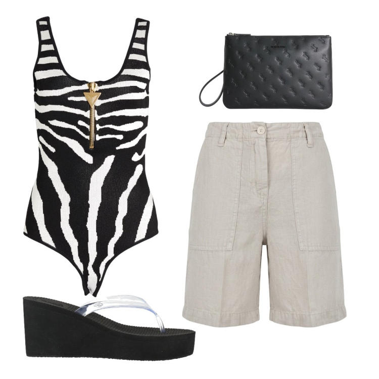 Outfit donna - Luglio. Stile Trendy per Tutti i giorni. Abbinamento con body, ciabatte, anelli, bermuda.