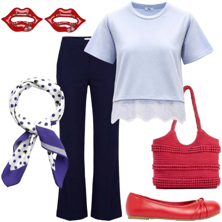 Outfit donna - Passeggiata con le amiche. Stile Casual chic per Tutti i giorni. Abbinamento con shopping bag, ballerine, t-shirt, blazer, pantaloni, foulard.