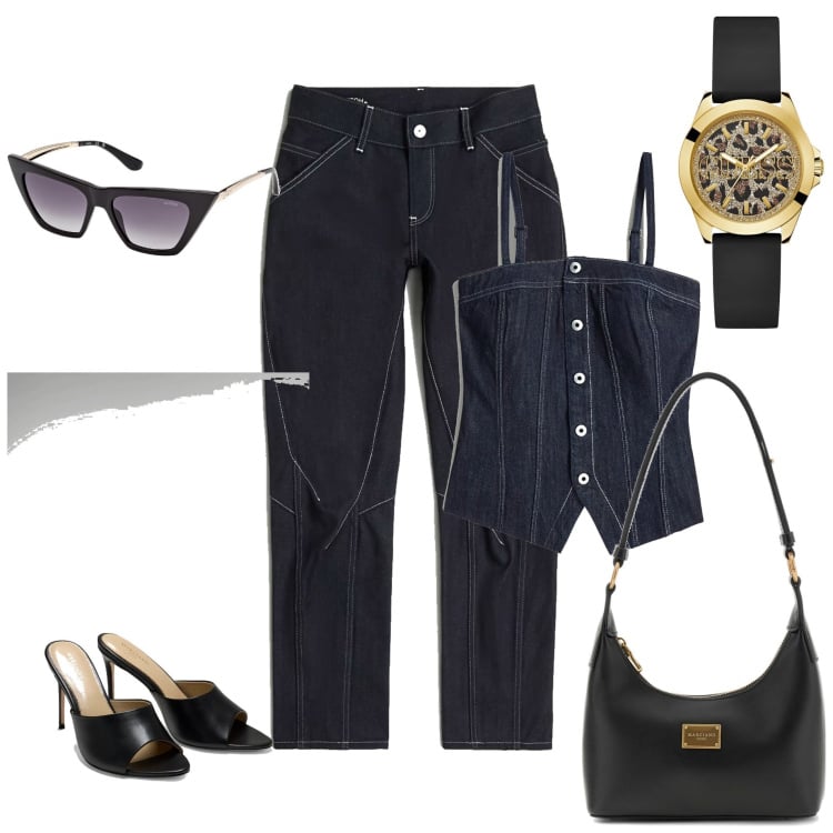 Outfit mujer - Casual #6710. Estilo Casual para Todos los días. Combinación con bolsos de mano, gafas de sol, sandalias de tacón, top, relojes analógicos, vaqueros.