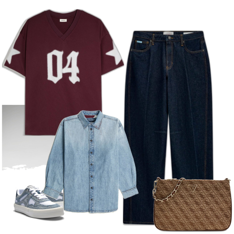 Outfit mujer - Casual chic #10116. Estilo Casual chic para Todos los días. Combinación con sneakers, pochette, camiseta, vaqueros, camisas.