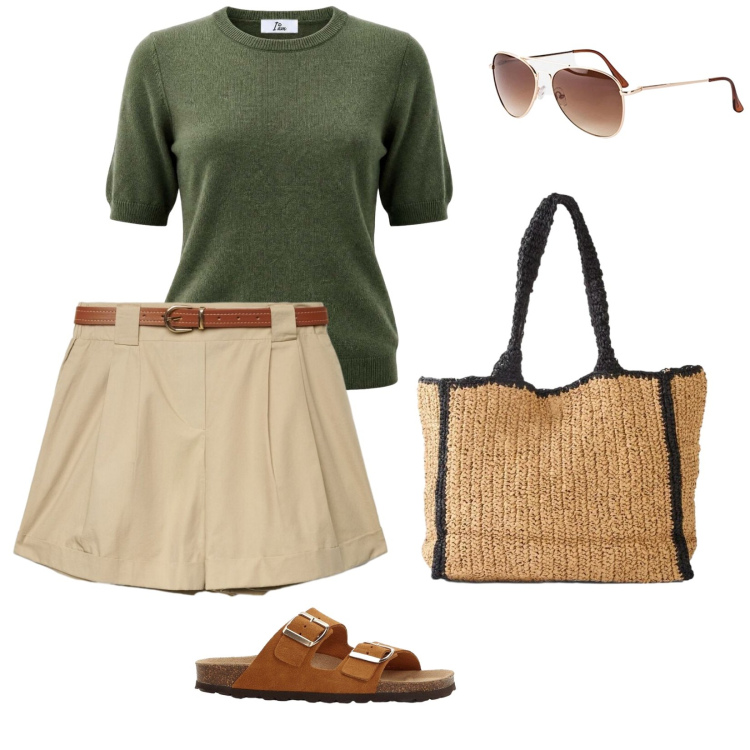 Outfit donna - Urban holiday. per Tutti i giorni. Abbinamento con ciabatte, shopping bag, occhiali da sole, maglieria, shorts.