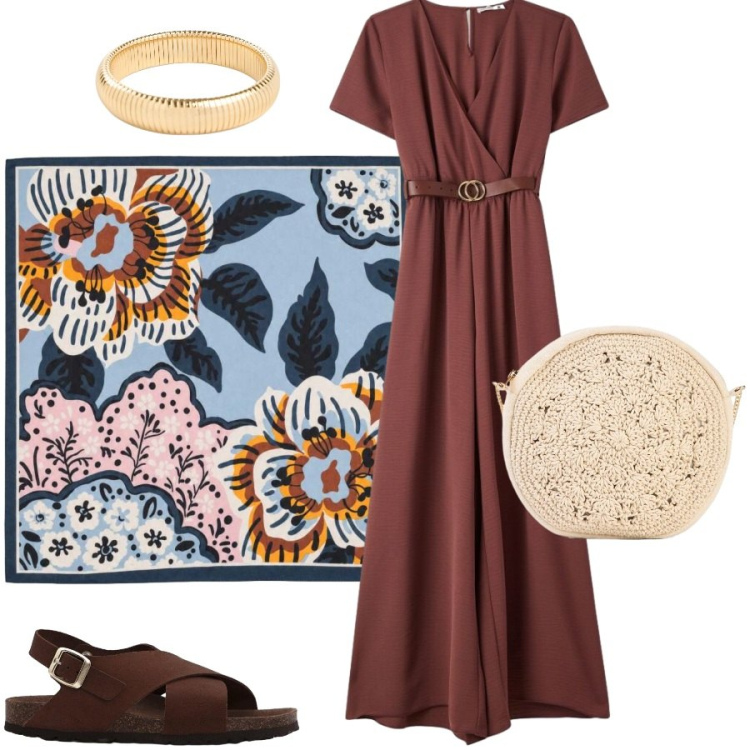 Outfit donna - Cinema sotto le stelle. Stile Urban per Serata fuori. Abbinamento con borse a tracolla, braccialetti, sandali in pelle, foulard, vestiti lunghi.