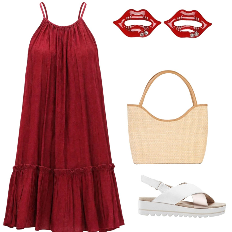 Outfit donna - Rosso estate. per Tutti i giorni. Abbinamento con sandali, shopping bag, vestiti corti, blazer.