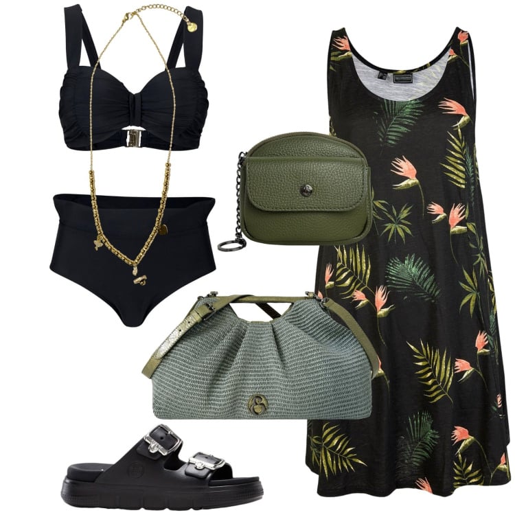 Outfit donna - Total look #2442204. Stile Vintage retrò per Mare. Abbinamento con vestiti da spiaggia, bikini, ciabatte, clutch, portachiavi, ciondoli.