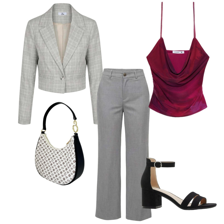 Outfit donna - Riunione di studio. per Scuola/Università. Abbinamento con sandali col tacco, blazer, pantaloni, top, borse a spalla.