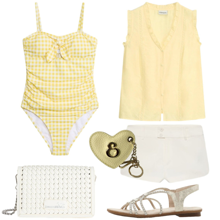 Outfit donna - Total look #2442206. Stile Casual chic per Mare. Abbinamento con sandali, costumi interi, canottiere, borse a tracolla, shorts, portachiavi.