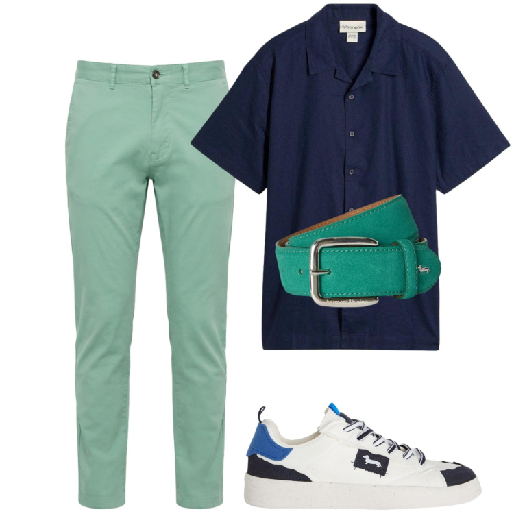 Outfit uomo - Blu e verde. Stile Trendy per Tutti i giorni. Abbinamento con camicie a manica corta, sneakers, pantaloni, cinture.