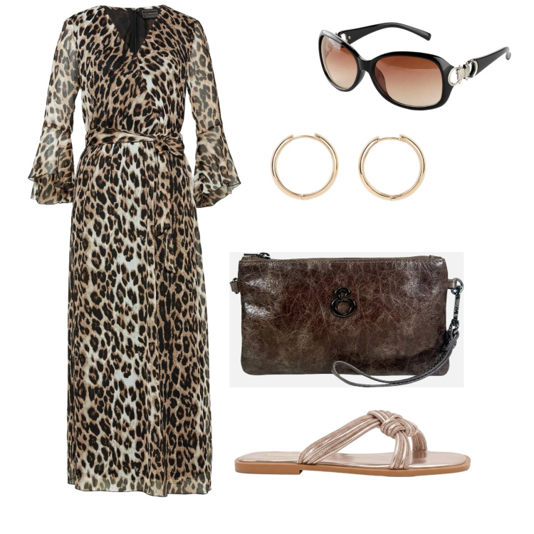 Outfit donna - Aperitivo a ferragosto. per Serata fuori. Abbinamento con vestiti lunghi, orecchini, occhiali da sole, pochette, sandali.