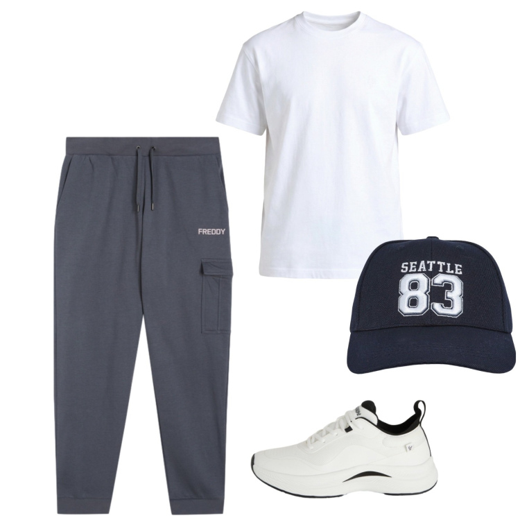 Outfit uomo - Semplice e sportivo. per Tutti i giorni. Abbinamento con t-shirt, cappelli, pantaloni cargo, sneakers.