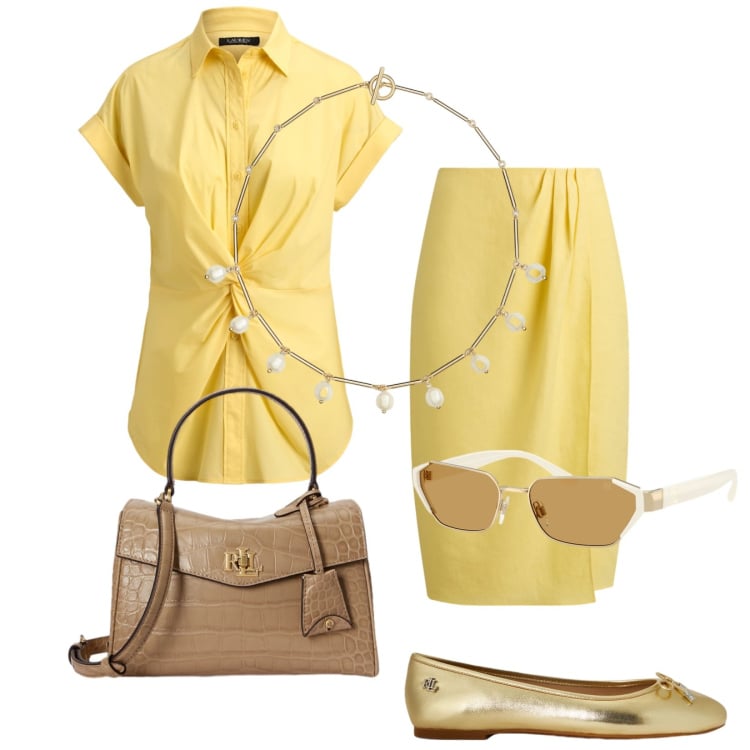 Outfit donna - Sunset in Positano. Stile Glamour per Tutti i giorni. Abbinamento con gonne, occhiali da sole, camicie a manica corta, collane, borse a mano, ballerine.