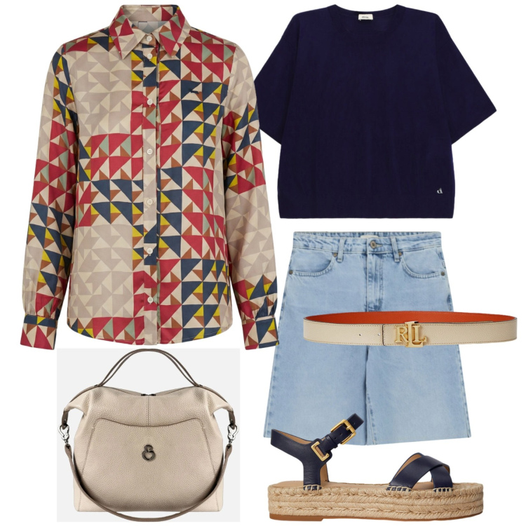 Outfit donna - Holiday. Stile Trendy per Tutti i giorni. Abbinamento con camicie, borse a mano, cinture, espadrillas, shorts, t-shirt.