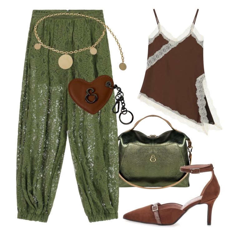 Outfit donna - L\'arte dell\' accessorio. Stile Trendy per Serata fuori. Abbinamento con borse a mano, portachiavi, cinture, canottiere, pantaloni a palazzo, décolleté.