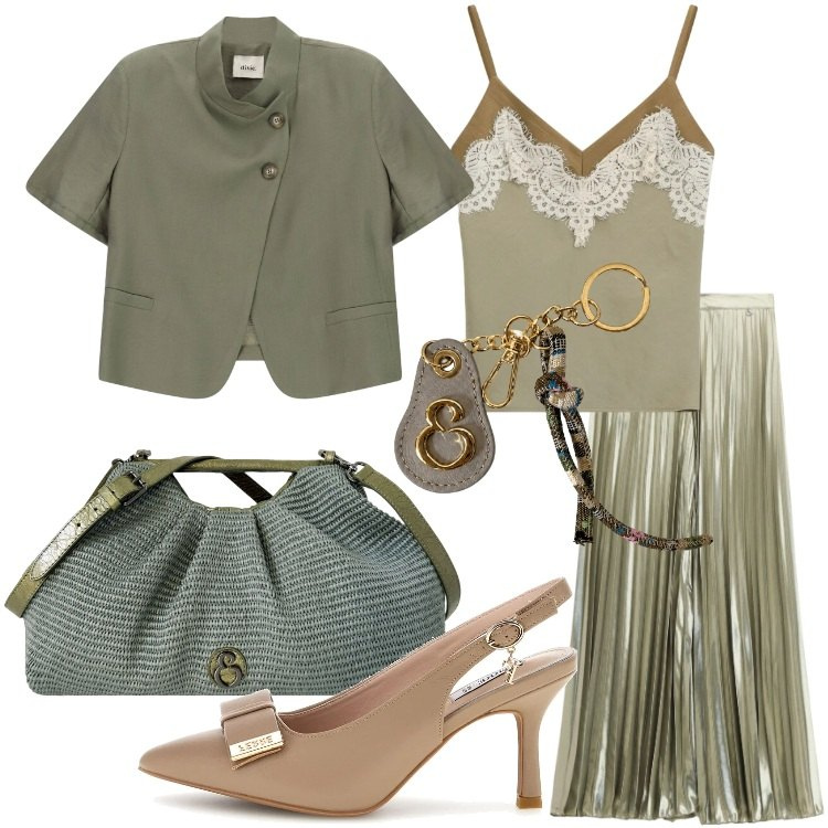 Outfit donna - Elisendra: l\'arte dell\'accessorio. Stile Urban per Serata fuori. Abbinamento con top, pantaloni a palazzo, blazer, clutch, portachiavi, décolleté.