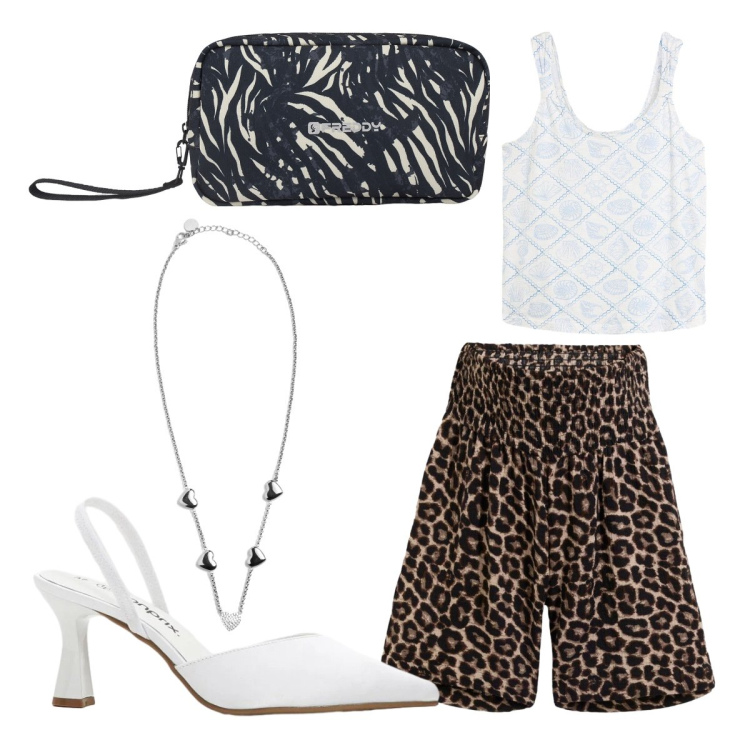 Outfit donna - Romanticamente animalier. Stile Romantica per Scuola/Università. Abbinamento con pantaloni corti, canottiere, décolleté, valigie, collane.