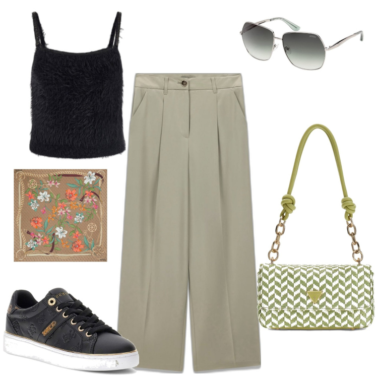 Outfit mujer - Casual chic #10118. Estilo Casual chic para Todos los días. Combinación con pantalones palazzo, bolsos de hombro, cinturones, gafas de sol, sneakers, top.