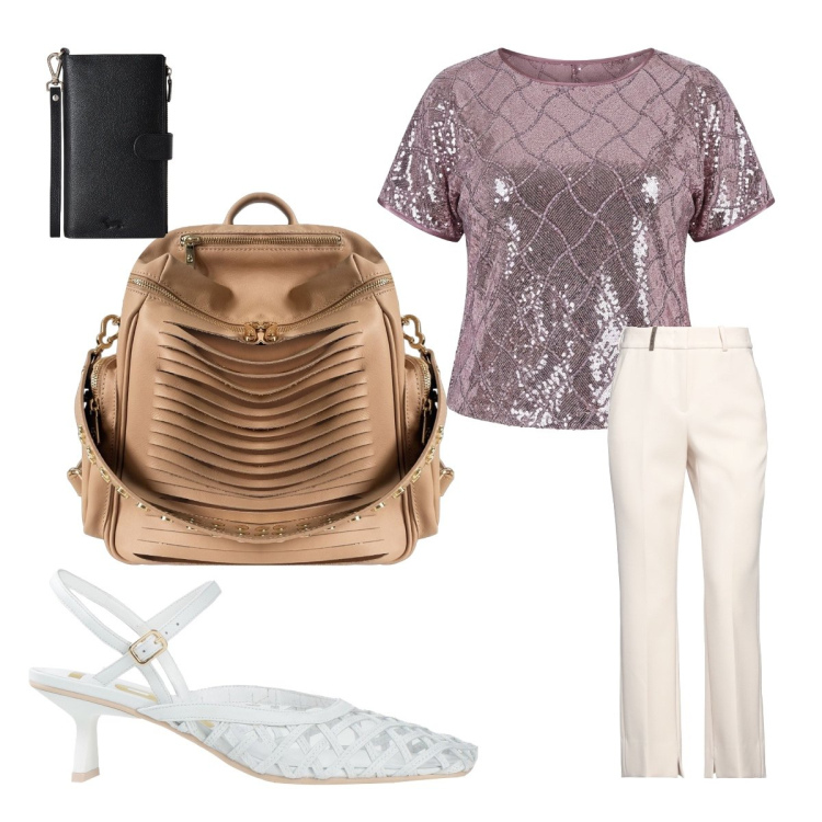 Outfit donna - Panna e nocciola curvy. Stile Bon Ton per Tutti i giorni. Abbinamento con pantaloni, décolleté, portafogli, zaini, bluse.