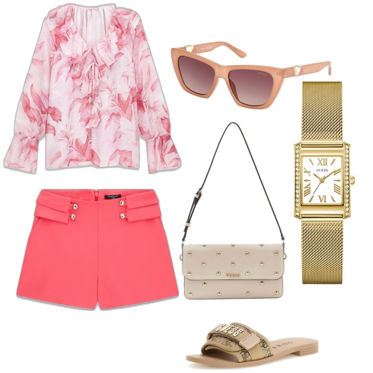Outfit mujer - Casual #6711. Estilo Casual para Todos los días. Combinación con sandalias de tacón, blusas, shorts, bolsos de hombro, gafas de sol, relojes analógicos.