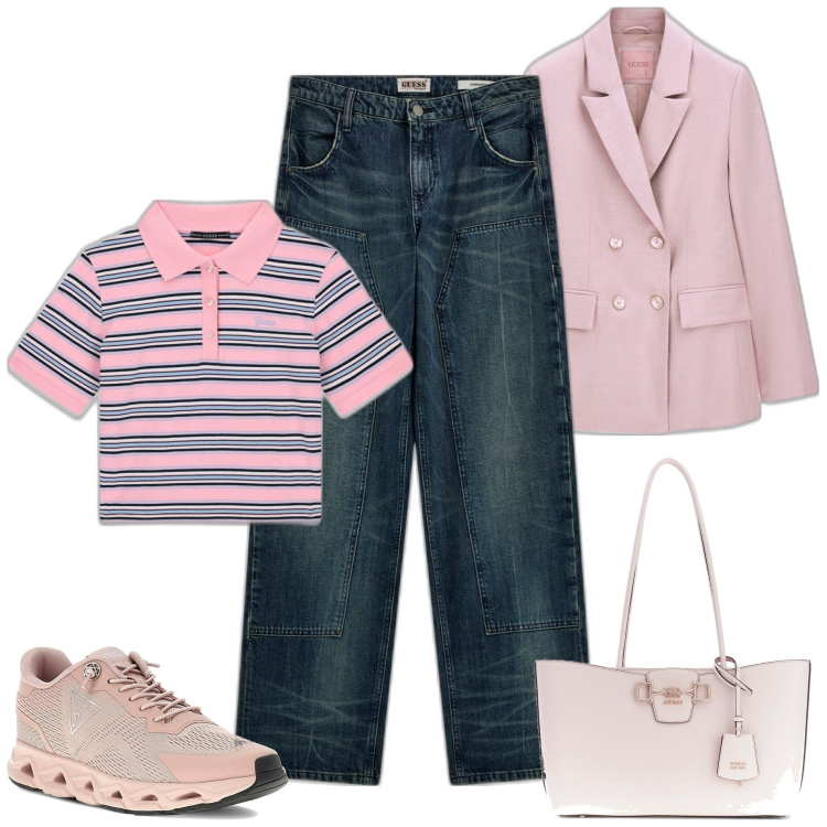 Outfit mujer - Casual #6712. Estilo Casual para Todos los días. Combinación con bolso shopper, sneakers, blazers, vaqueros, polo.