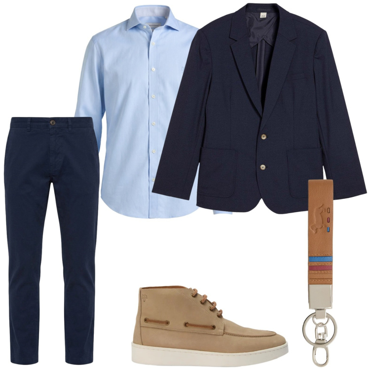 Outfit uomo - L\'eleganza del blue. Stile Trendy per Ufficio. Abbinamento con giacche, portachiavi, pantaloni, camicie, stivali e stivaletti.