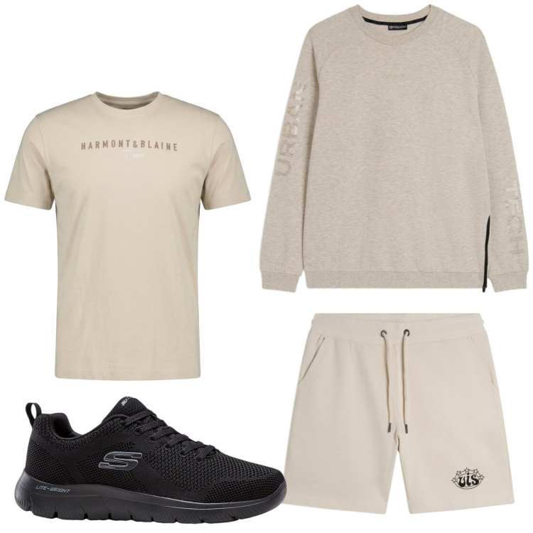 Outfit uomo - Sporty easy. Stile Trendy per Sport. Abbinamento con sneakers, t-shirt, felpe, pantaloni corti.