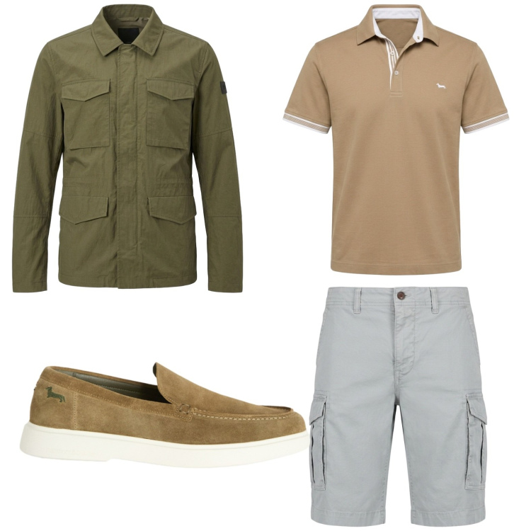Outfit uomo - Mix di capi. Stile Trendy per Tutti i giorni. Abbinamento con scarpe stringate, polo, bermuda, cappotti.