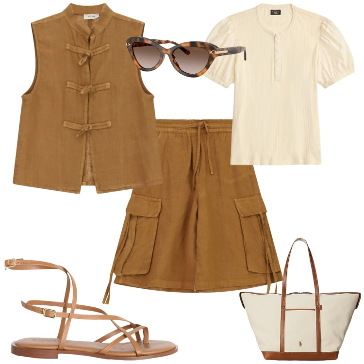 Outfit donna - Casual chic ogni giorno. Stile Casual chic per Tutti i giorni. Abbinamento con bermuda, top, sandali in pelle, bluse, borse tote, occhiali da sole.