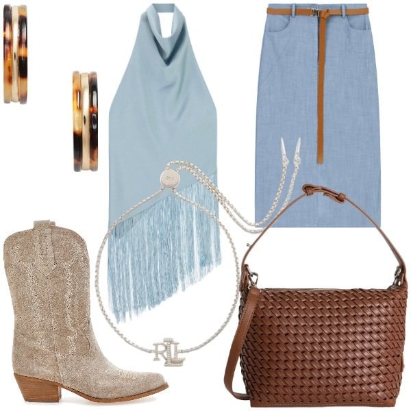 Outfit donna - Total look #2442245. Stile Boho per Tutti i giorni. Abbinamento con borse a spalla, orecchini, braccialetti, top, gonne longuette, stivaletti texani.
