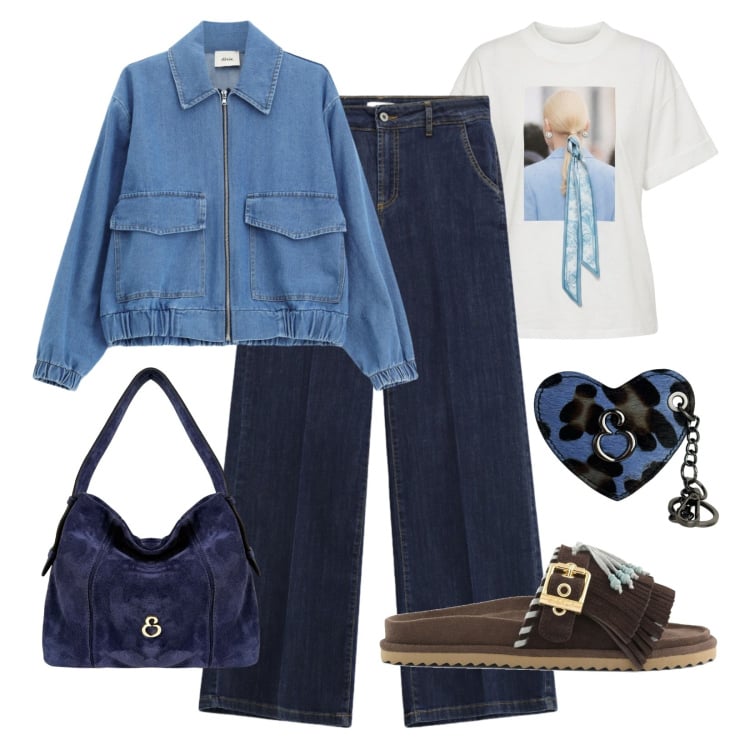 Outfit donna - Elisendra accessori. Stile Trendy per Tutti i giorni. Abbinamento con borse a spalla, portachiavi, jeans, blazer, t-shirt, sandali in pelle.