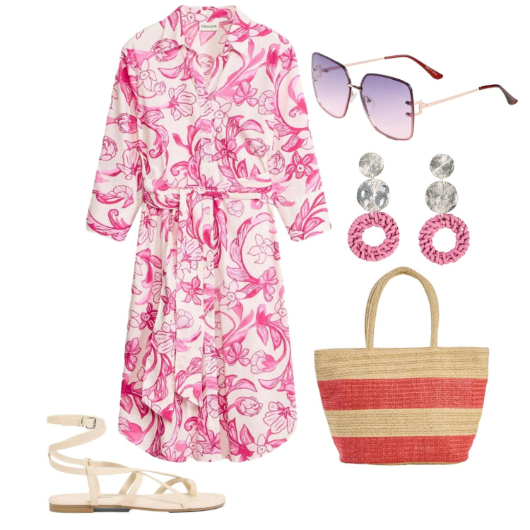 Outfit donna - Lino in rosa. Stile Casual chic per Tutti i giorni. Abbinamento con shopping bag, vestiti, occhiali da sole, sandali, orecchini.