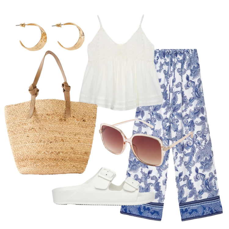 Outfit donna - Luglio. Stile Basic per Tutti i giorni. Abbinamento con occhiali da sole, shopping bag, orecchini, pantaloni, ciabatte, canottiere.