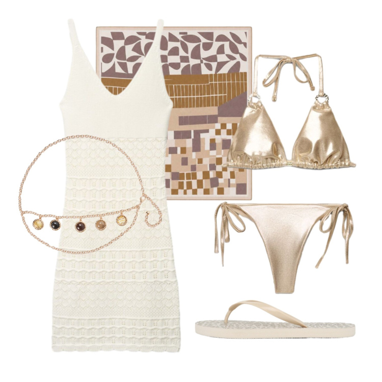 Outfit donna - Luglio. Stile Basic per Tutti i giorni. Abbinamento con foulard, cinture, bikini, bikini, infradito, vestiti corti.