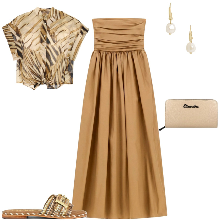 Outfit donna - Romantica serata estiva. Stile Romantica per Serata fuori. Abbinamento con portafogli, orecchini, camicie a manica corta, vestiti midi/longuette, ciabatte.