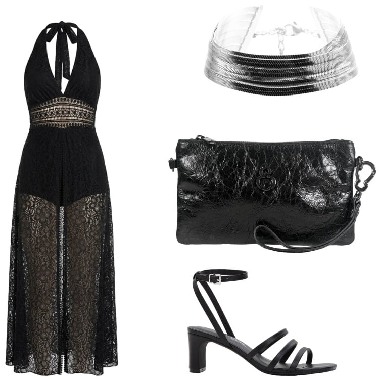 Outfit donna - Serata calda. Stile Sexy per Serata fuori. Abbinamento con sandali col tacco, tuta corta, pochette, braccialetti.