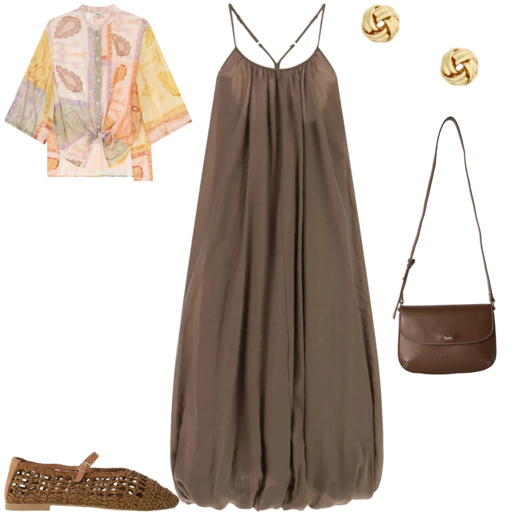 Outfit donna - Chic serata i colori della terra. Stile Chic per Serata fuori. Abbinamento con borse a tracolla, orecchini, ballerine, camicie, vestiti lunghi.