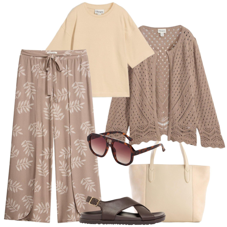 Outfit donna - Basica in stampa foliage. Stile Basic per Tutti i giorni. Abbinamento con pantaloni a palazzo, cardigans, occhiali da sole, t-shirt, sandali in pelle, shopping bag.