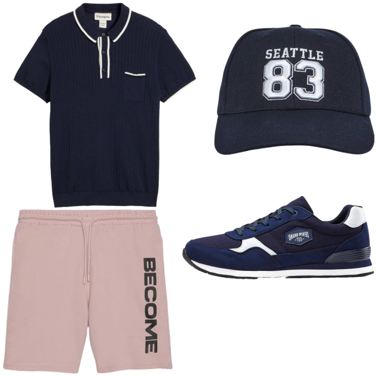 Outfit uomo - Total look #2442255. Stile Trendy per Mare. Abbinamento con sneakers, polo, cappelli, bermuda.